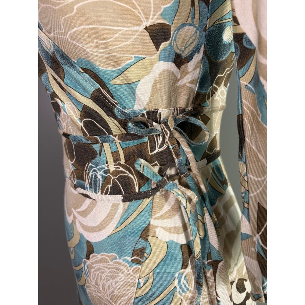 Vintage Y2K Banana Republic Wrap Dress XS Silk Cotton Floral Teal Brown Lorelai - Picture 5 of 10